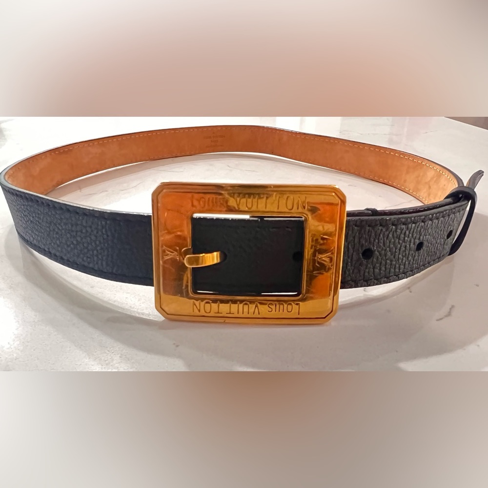 Authentic Louis Vuitton Black Leather Gold tone Women's Belt 25MM Size 85/34